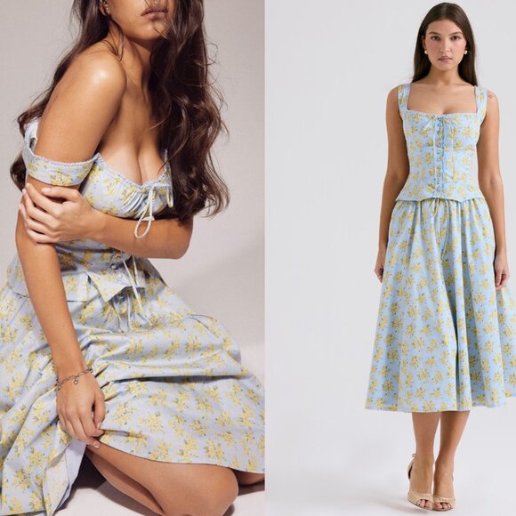 House of CB Tops - House of CB 'Juana' & 'Cora' Soft Blue Vintage Floral Print Midi Skirt Set NWOT